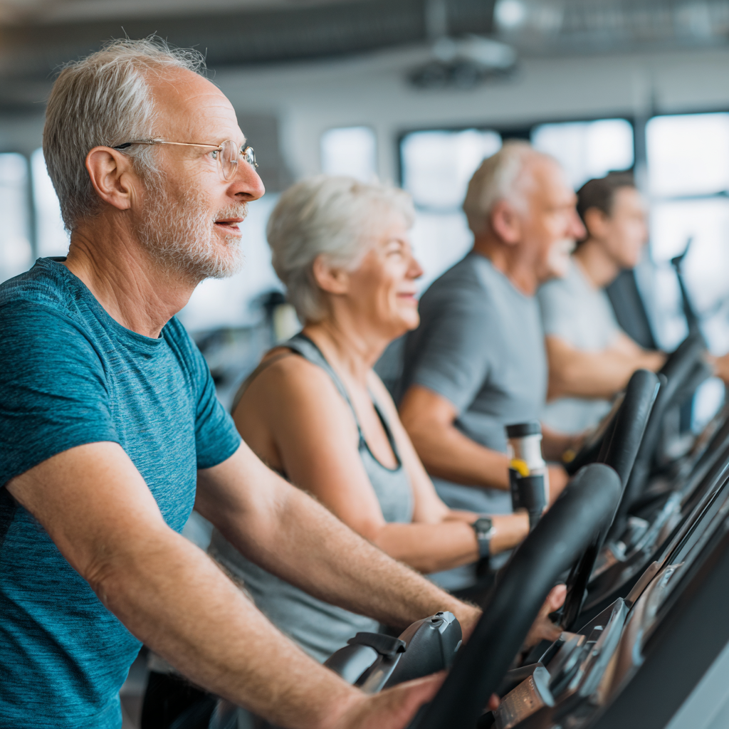 Дружна група людей 50-60 років після тренування в pelundreth, посміхаються та тримають спортивні пляшки з водою