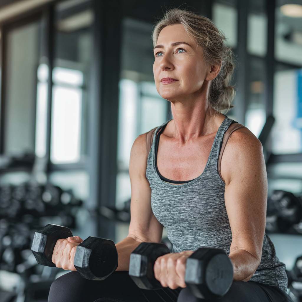 Активна жінка 55 років виконує силові вправи з гантелями в сучасному фітнес-залі
