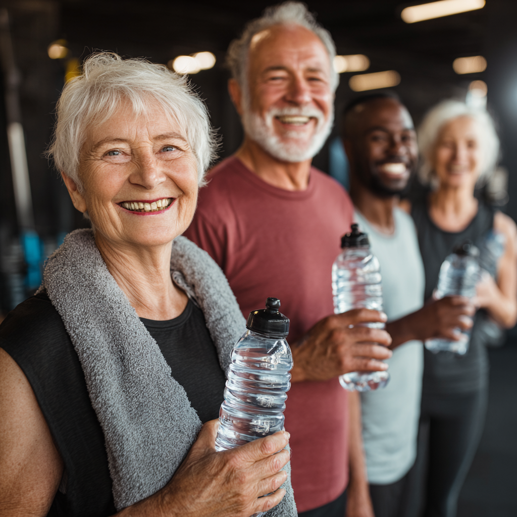 Група людей віком 50-60 років виконує кардіо вправи на сучасних тренажерах під керівництвом професійного тренера