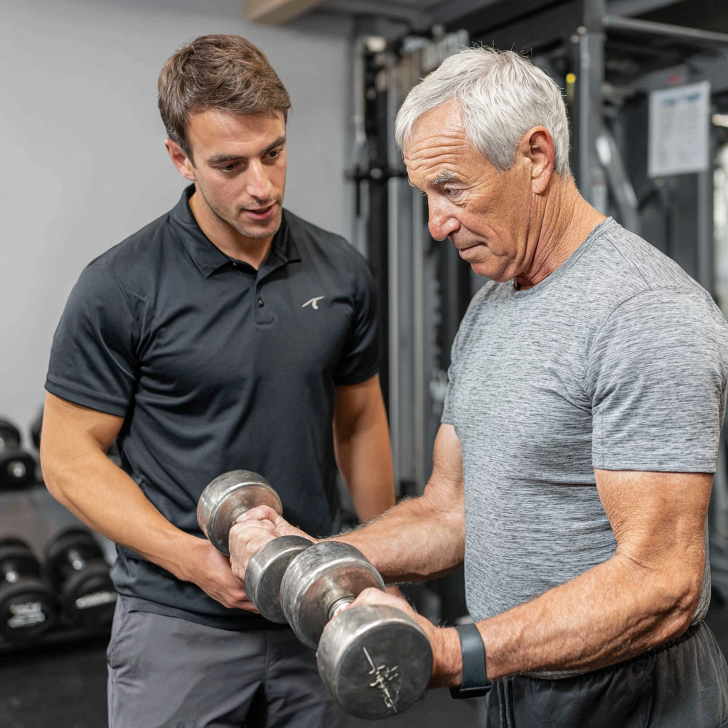 Персональний тренер працює з чоловіком 60 років, показуючи правильну техніку виконання вправ з гантелями